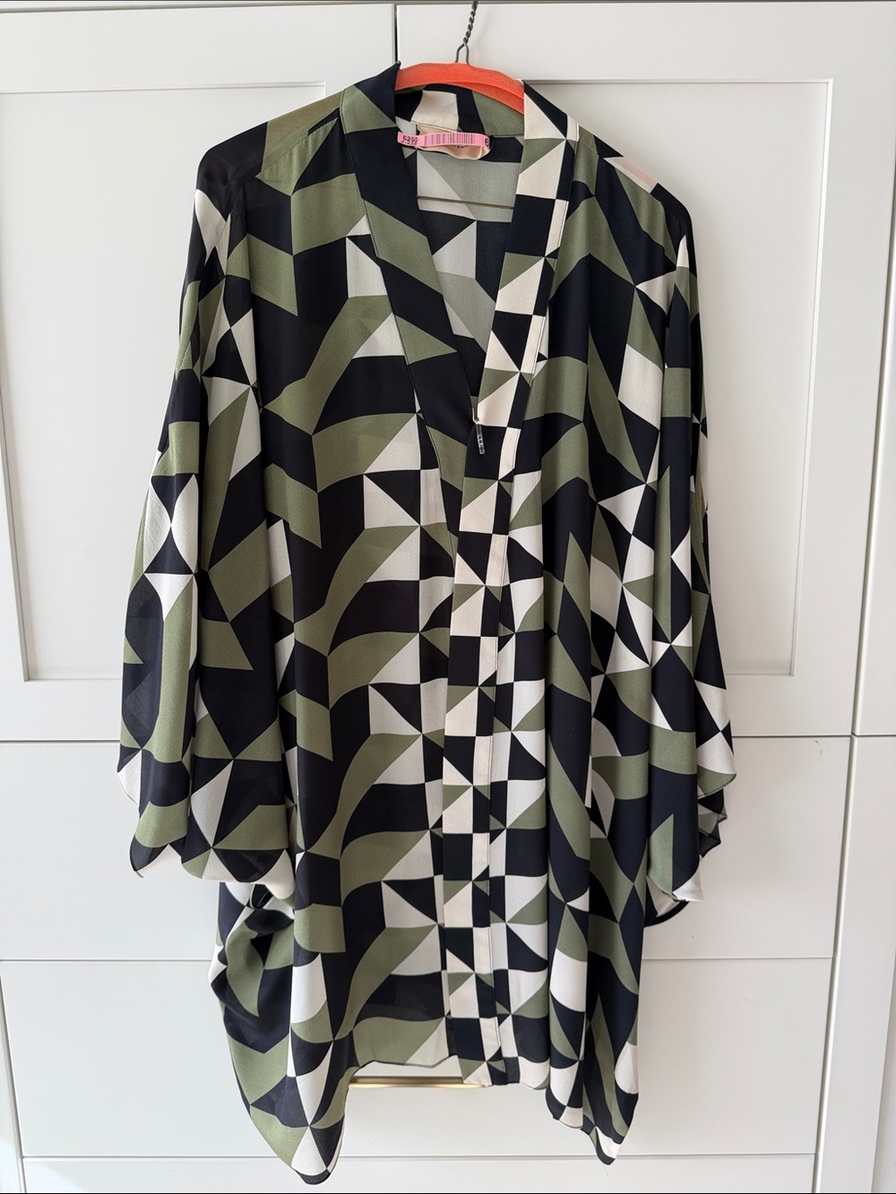 Geometric Print Kimono Tunic in Olive, Black & White